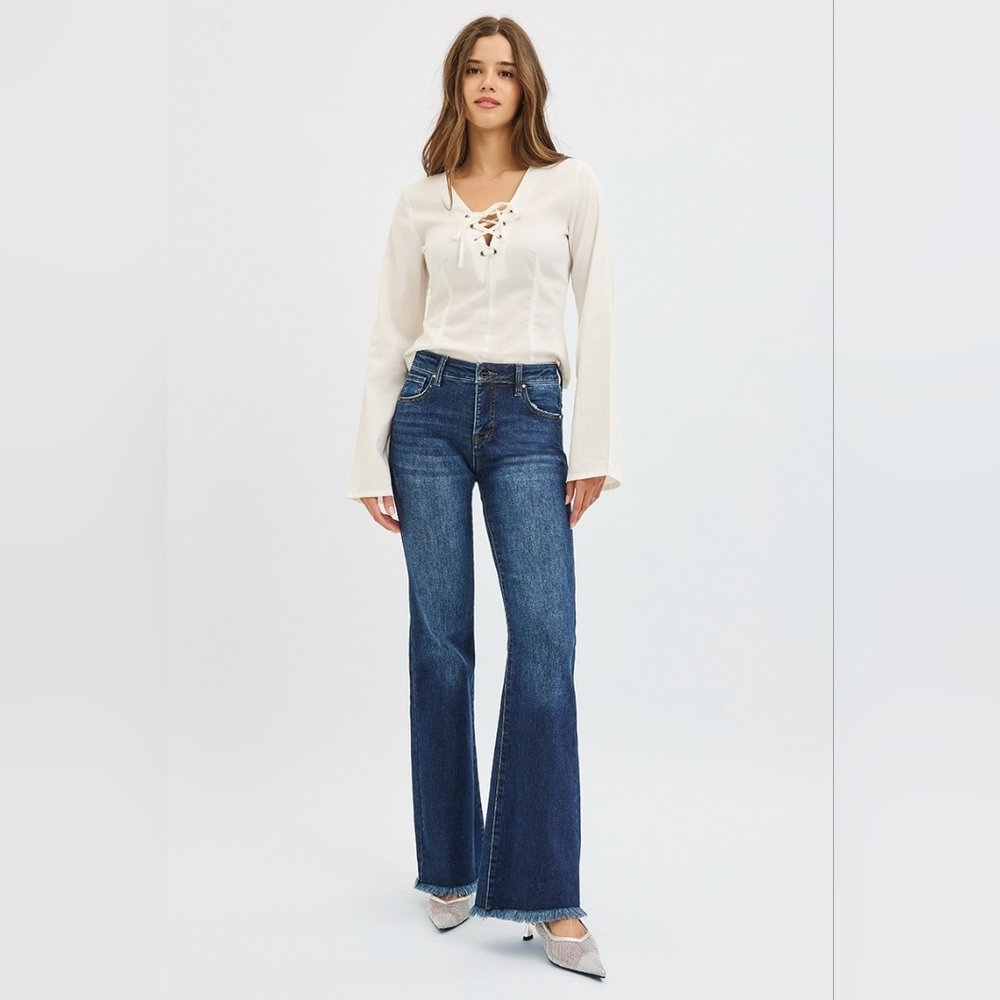 Risen MR Tummy Control Dark Wash Frayed Hem Flare Jeans Classic Various NEW